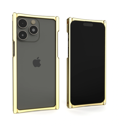 Brass Cage iPhone 15 pro max case fit on iPhone shown by front and back view of iphone