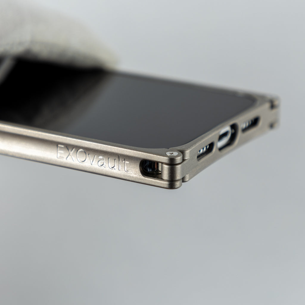 close up view of luxury titanium and wood iphone case