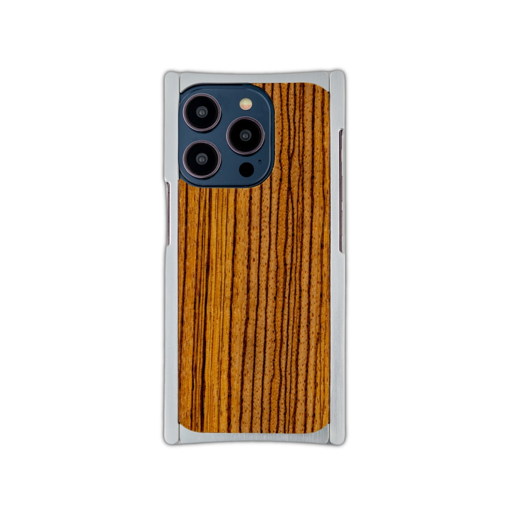 silver aluminum zebra wood iphone case back view