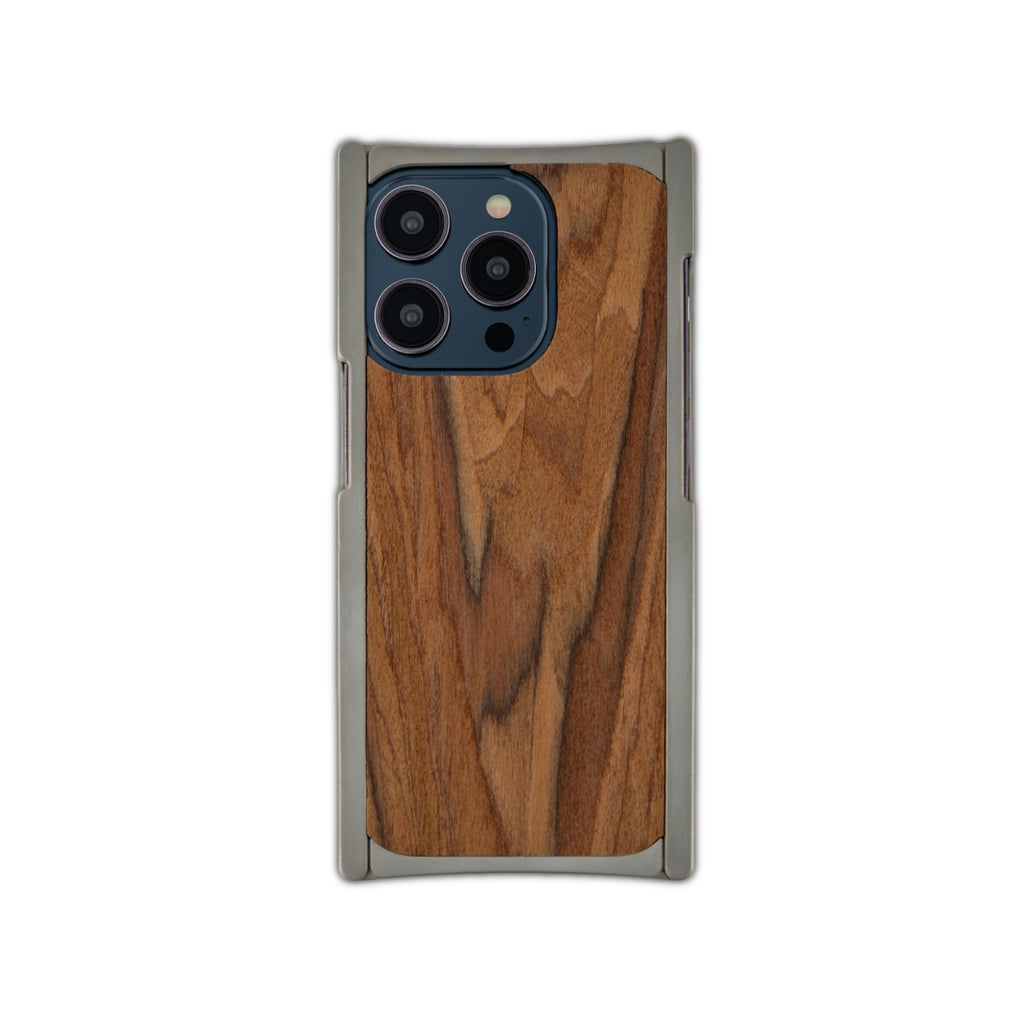 back view of an iPhone case that is handcrafted by exovault from titanium and louro preto wood