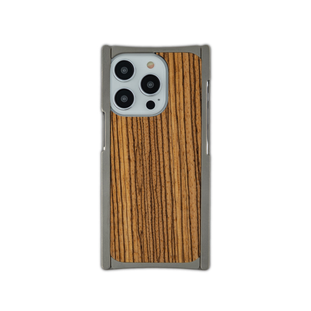 zebra wood titanium 14 & 15 iphone case back view