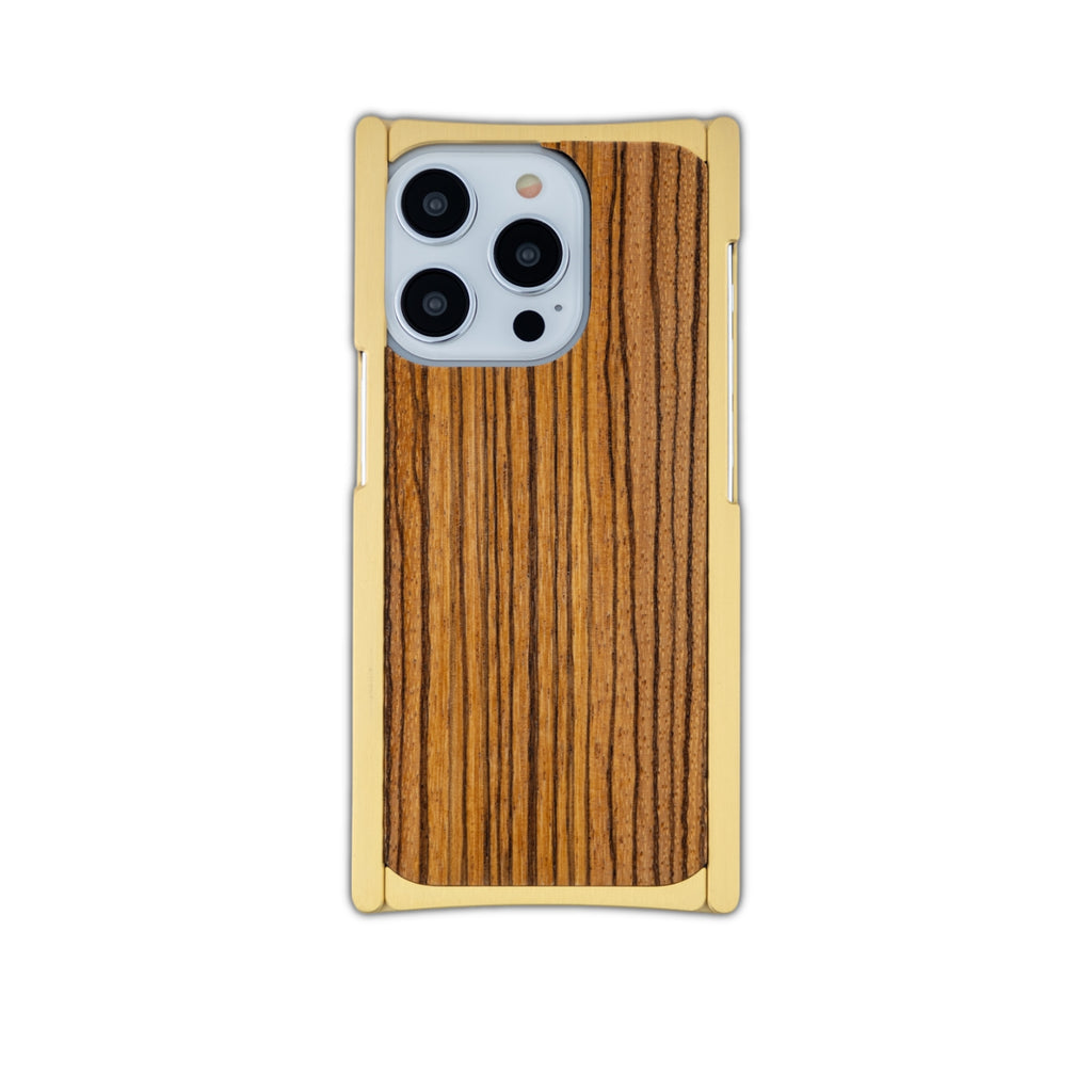 brass zebra wood iphone case back view